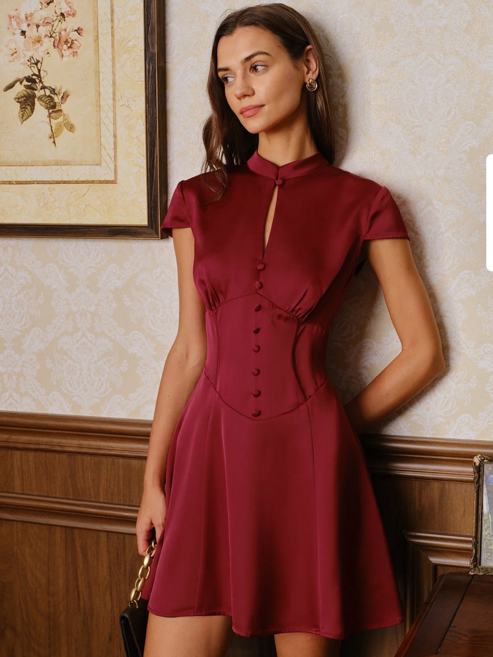 RIHOAS Red Satin Mini Dress with Mandarin Collar
